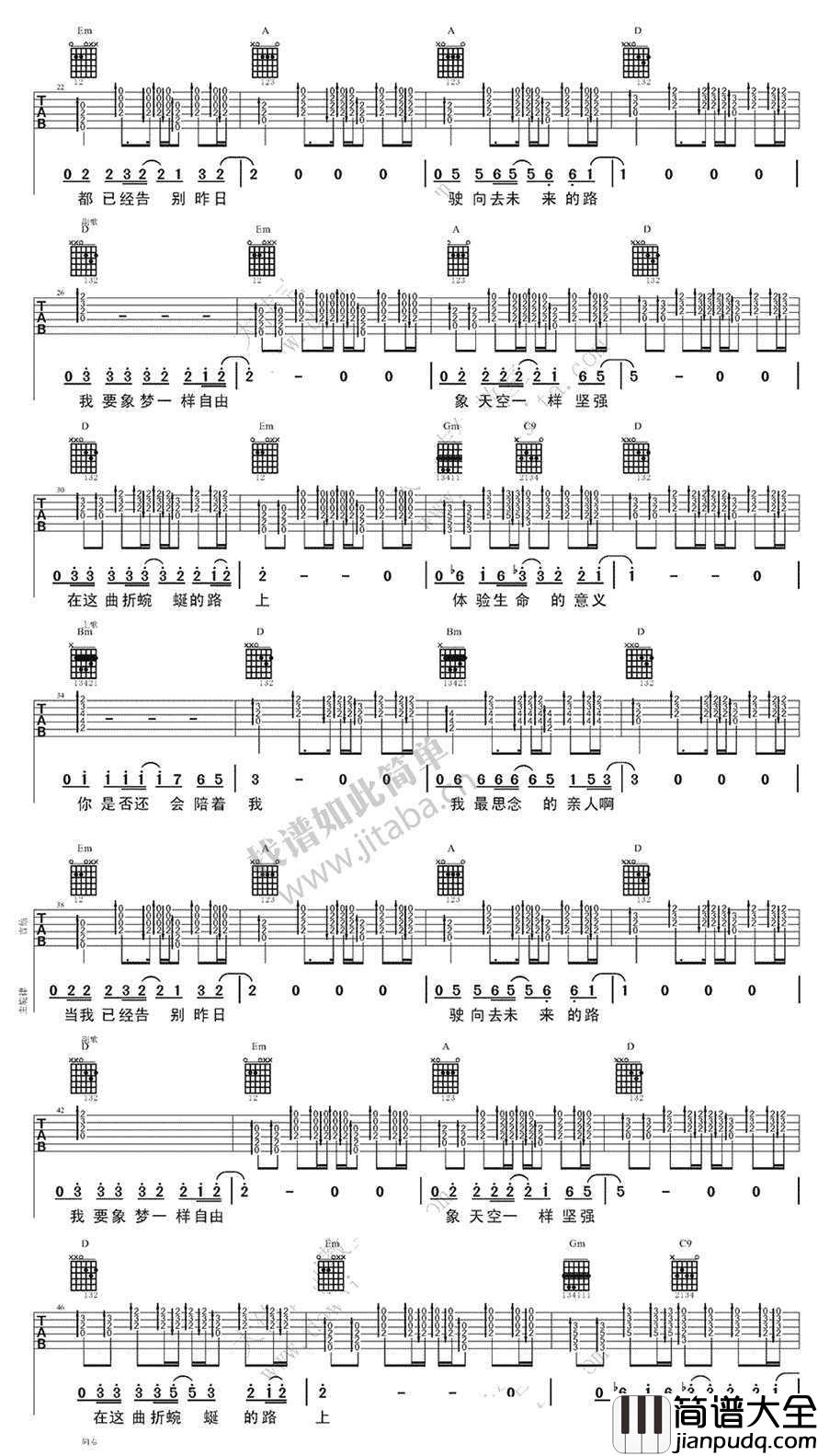 像梦一样自由吉他谱_汪峰_高清完美版弹唱谱