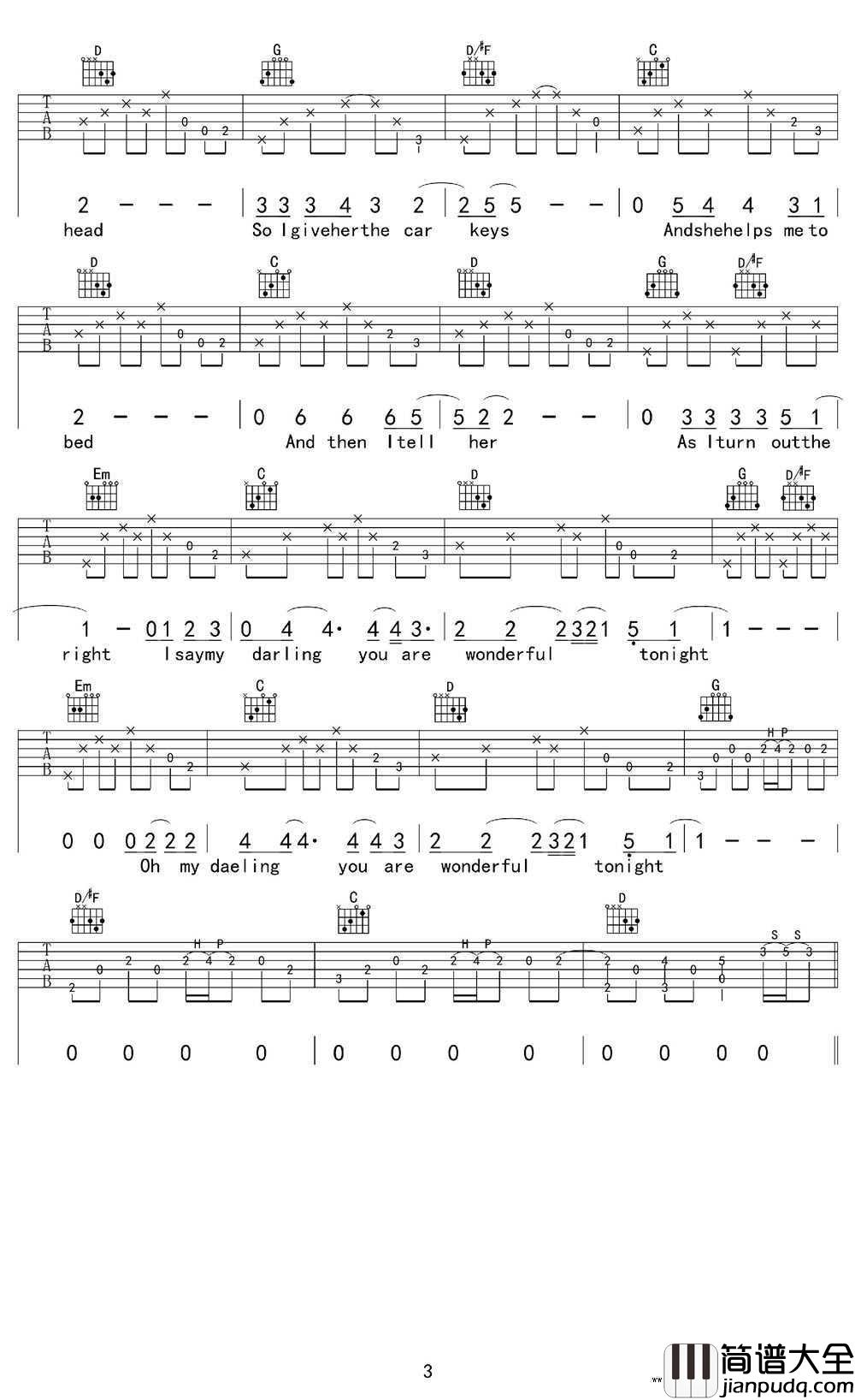 wonderful_tonight吉他谱_Eric_Clapton_G调弹唱谱