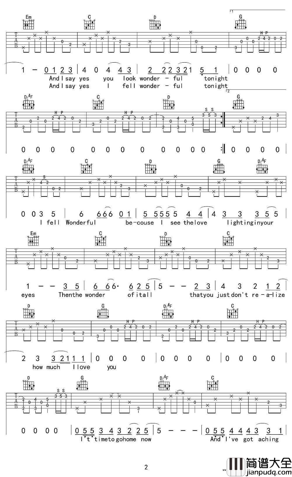 wonderful_tonight吉他谱_Eric_Clapton_G调弹唱谱