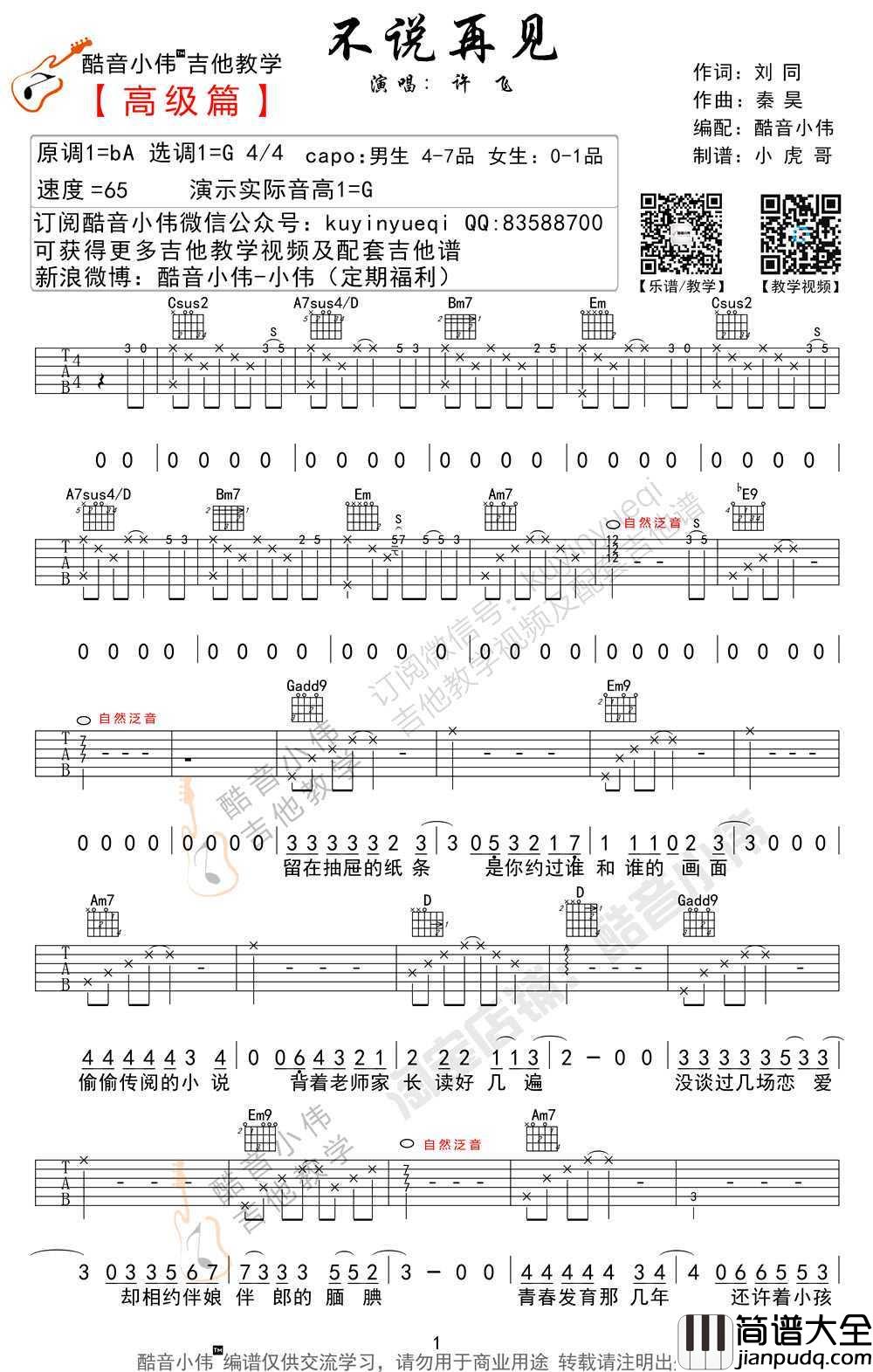 不说再见吉他谱_许飞女生版_吉他弹唱教学视频