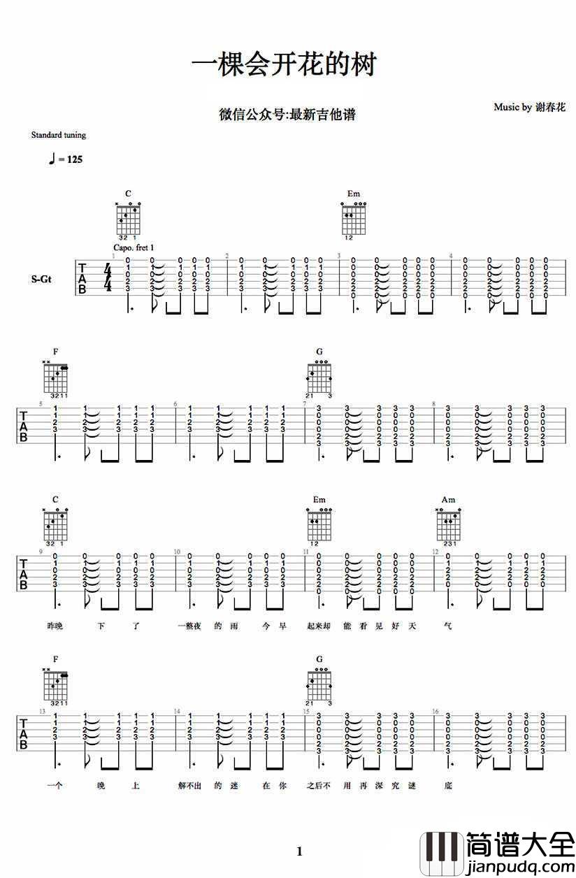 一棵会开花的树吉他谱_弹唱谱C调_谢春花