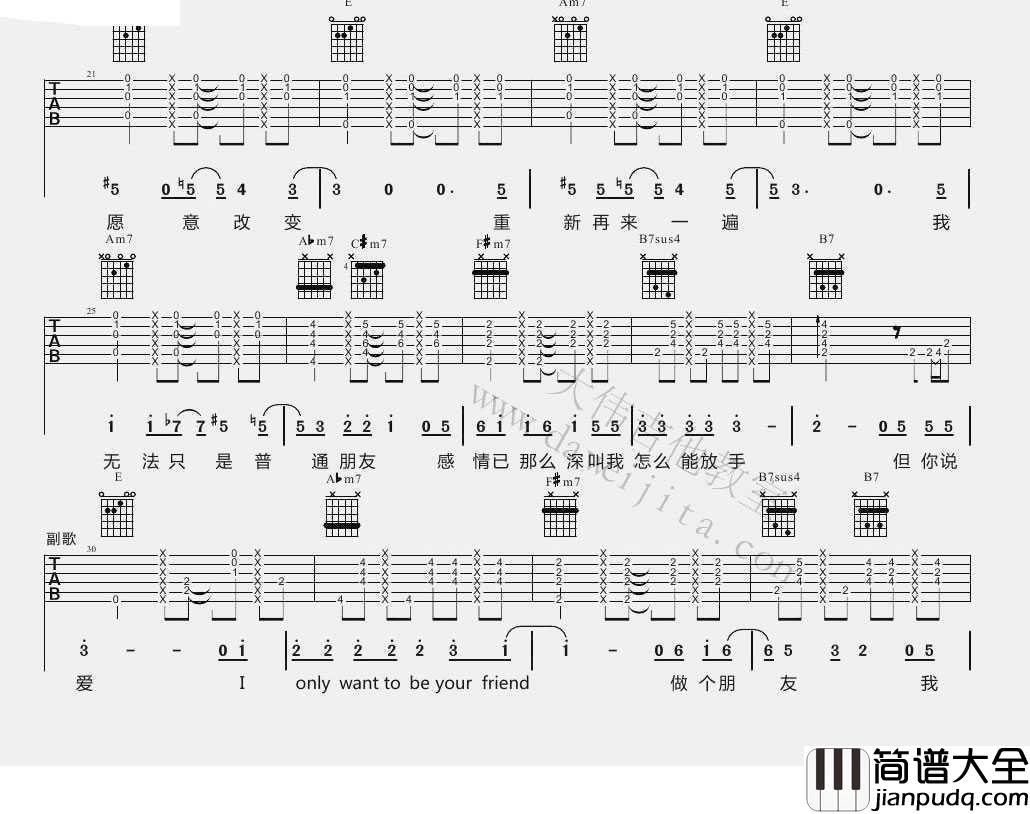 普通朋友吉他谱_E调指法_陶喆_六线谱(图片谱)完整版
