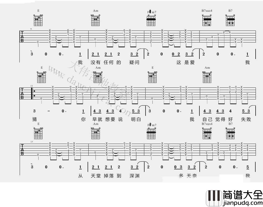 普通朋友吉他谱_E调指法_陶喆_六线谱(图片谱)完整版