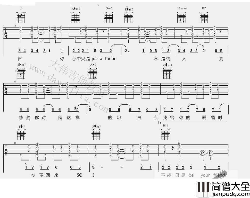 普通朋友吉他谱_E调指法_陶喆_六线谱(图片谱)完整版