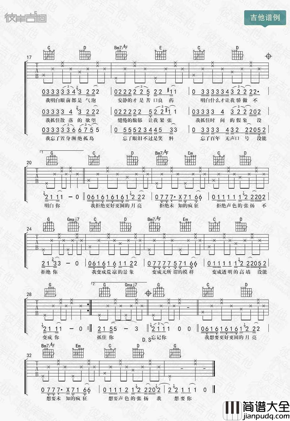奇妙能力歌吉他谱_C调男生版_陈粒_图片谱高清版