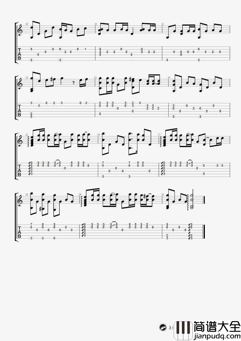 海阔天空指弹谱简单版_Beyond_吉他独奏谱