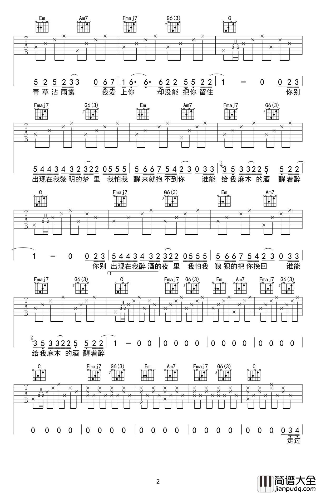 醒着醉吉他谱_C调_马良_吉他弹唱图片谱