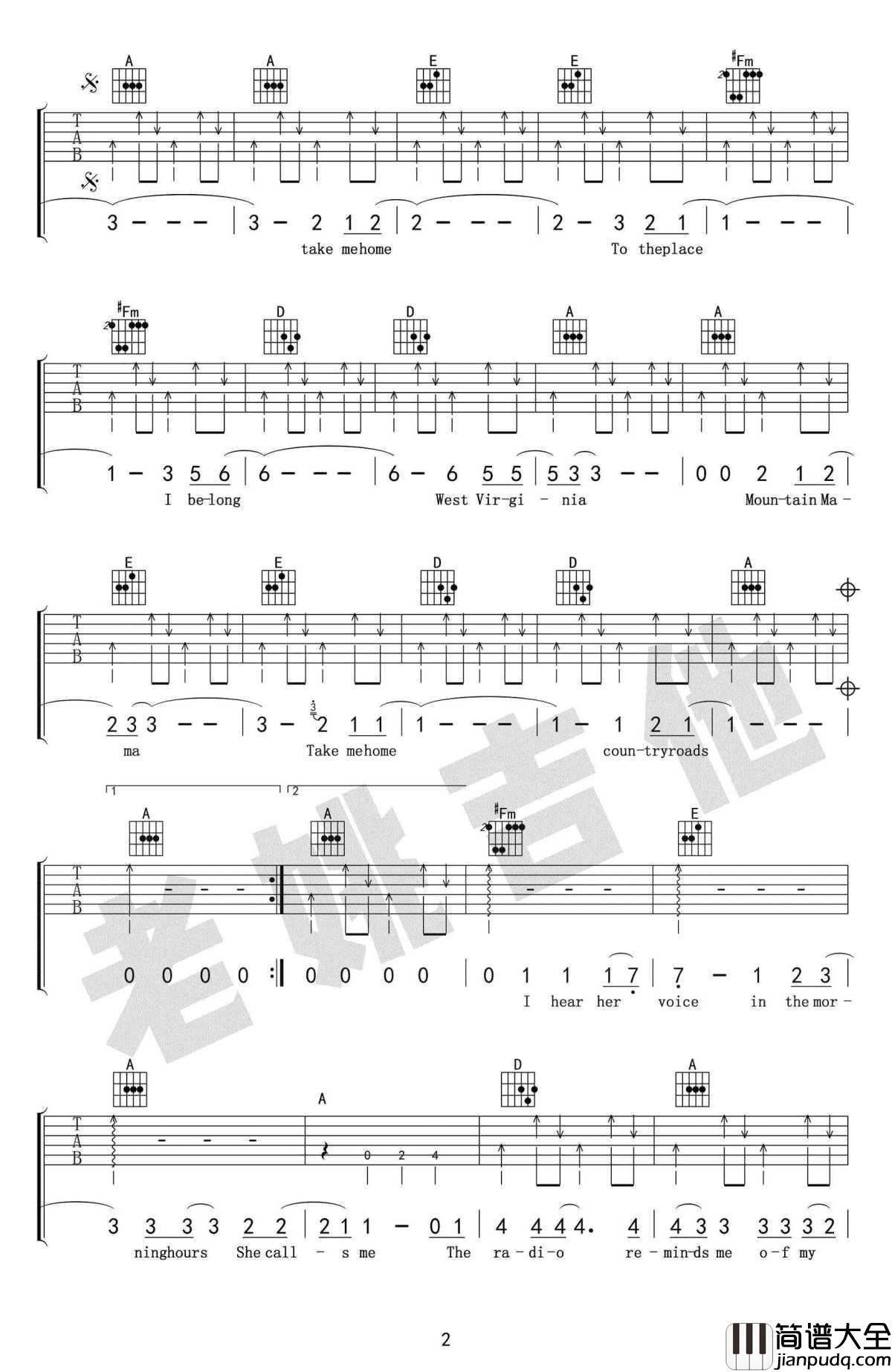 Take_me_home_country_roads吉他谱_约翰丹佛_A调指法编配