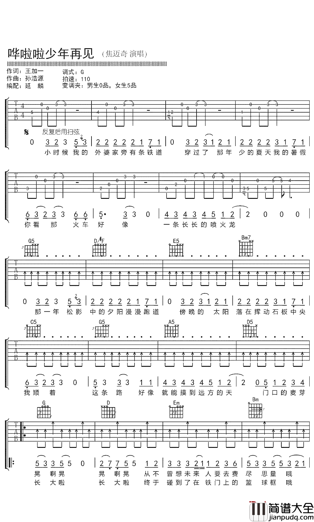 哗啦啦少年再见吉他谱_焦迈奇_每个人都会拥有，每个人也都会说和它再见