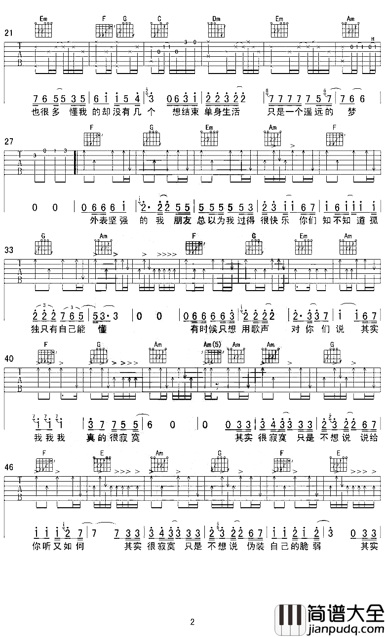 其实很寂寞吉他谱_欢子_这也是生活中都市夜色里许多人的内心独白