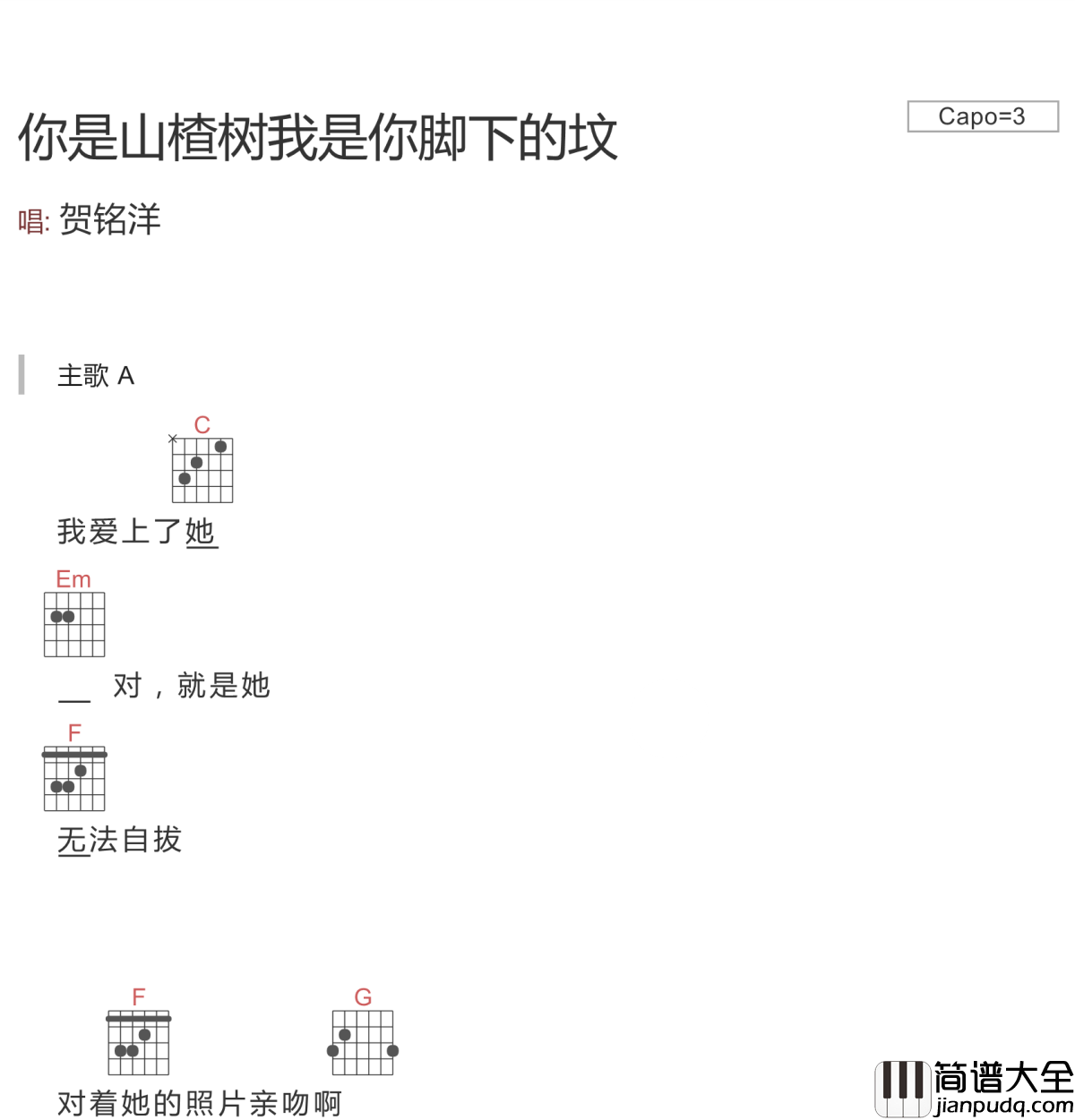你是山楂树我是你脚下的坟吉他谱_贺铭洋_山楂果落了，酸了坟里的魂