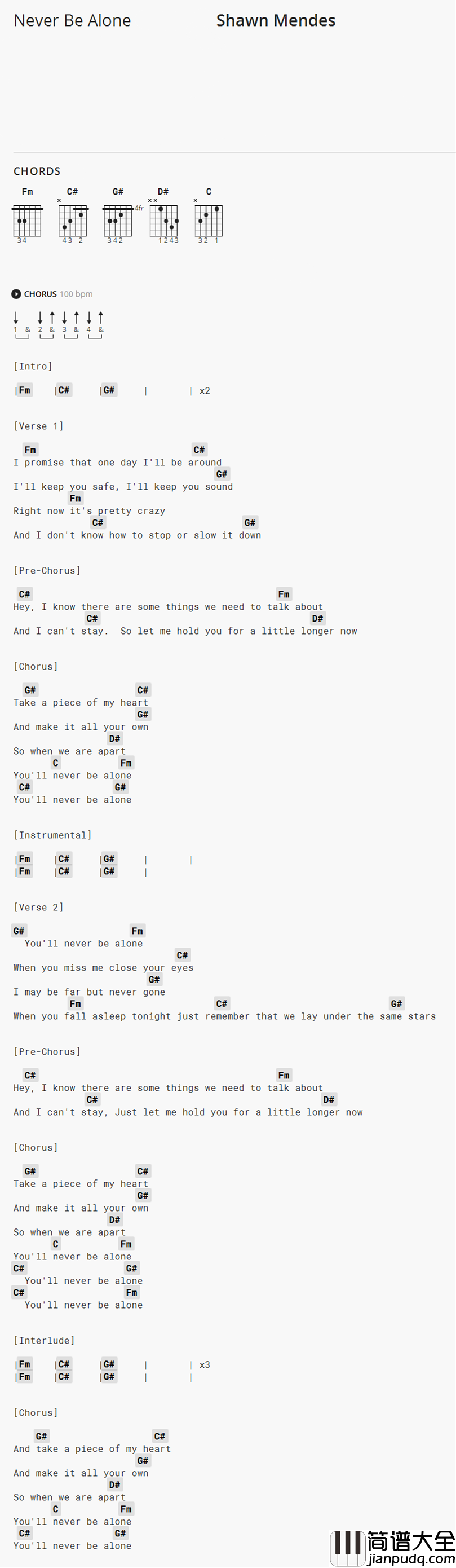 Never_Be_Alone吉他谱_Shawn_Mendes_陪伴是最长情的告白