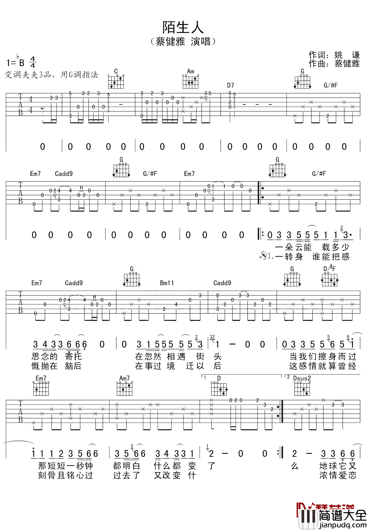 陌生人吉他谱_蔡健雅_我不难过了,甚至真心希望你能幸福