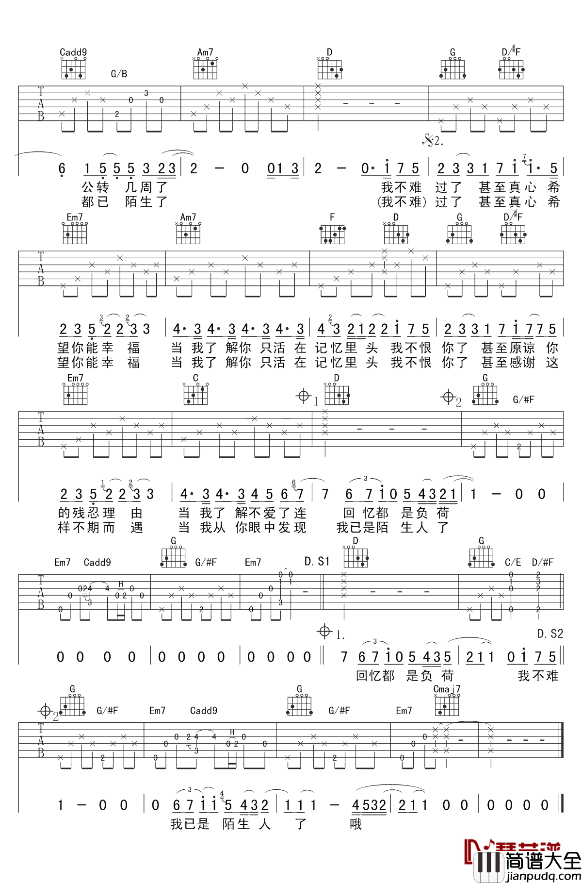 陌生人吉他谱_蔡健雅_我不难过了,甚至真心希望你能幸福