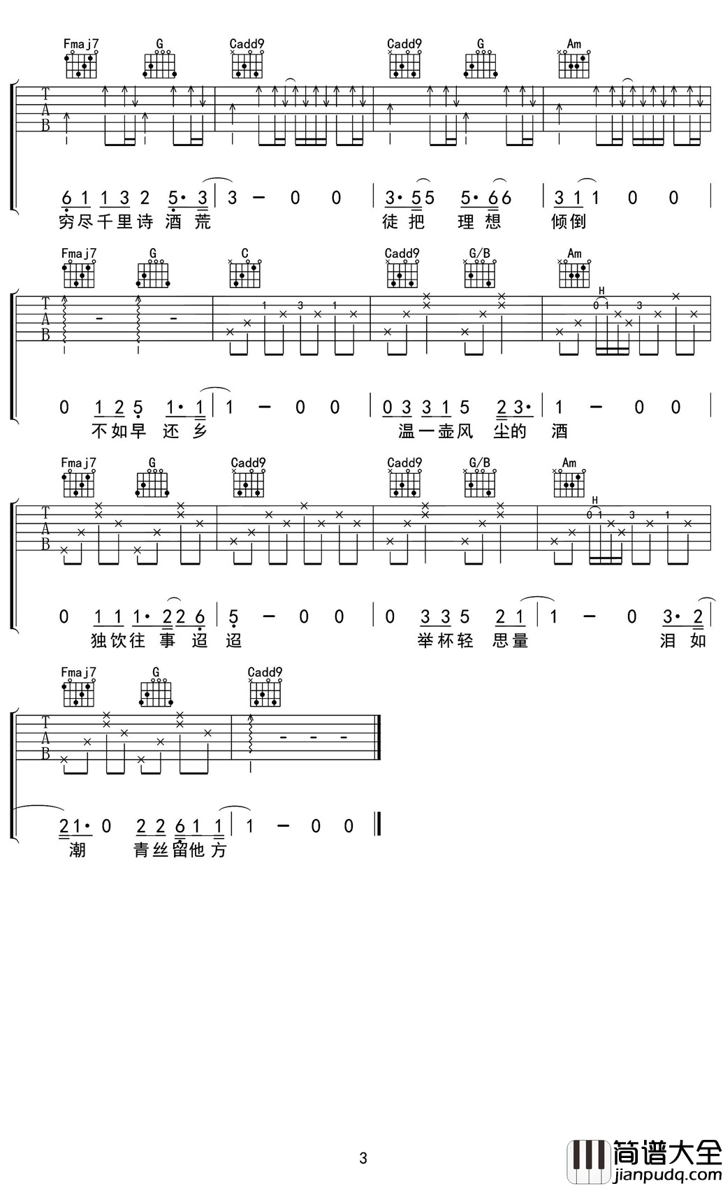 旧词吉他谱_愚青_这世界上唯有回忆会把过去和现在连接在一起了