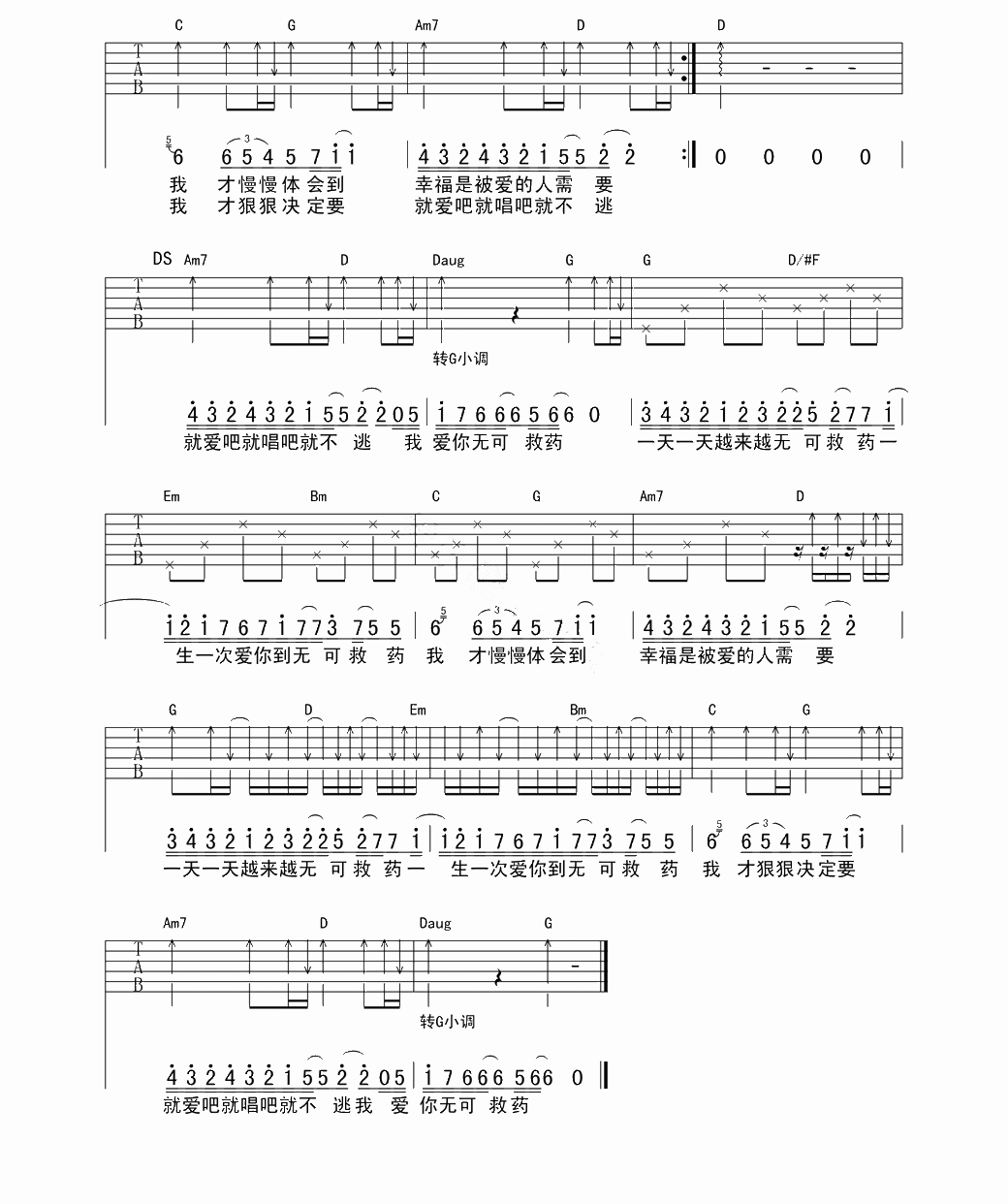 无可救药吉他谱_品冠_我们要勇敢的去决定爱到无可救药