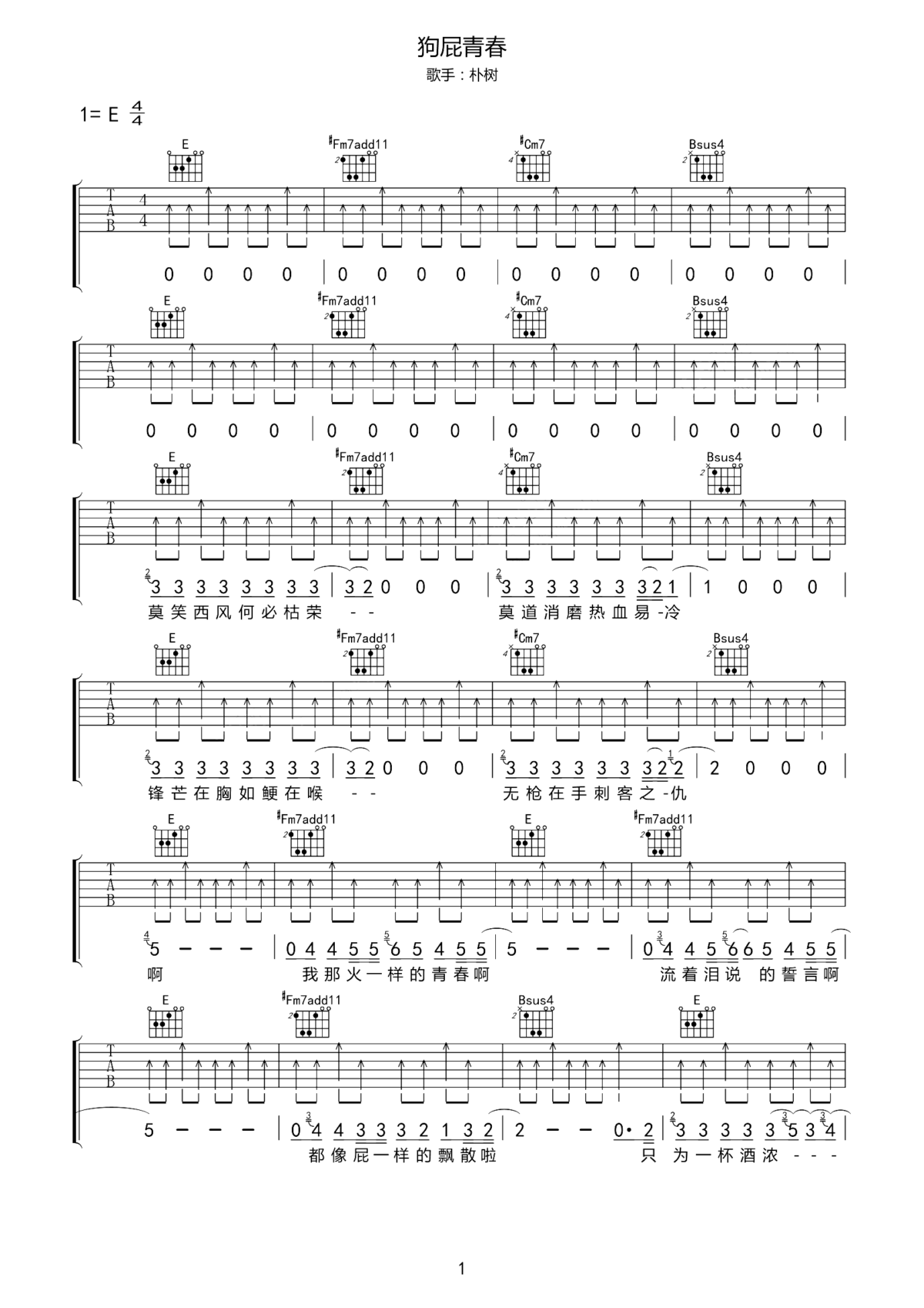 狗屁青春吉他谱_朴树_就算我们的青春是狗屁,也要活的自由自在