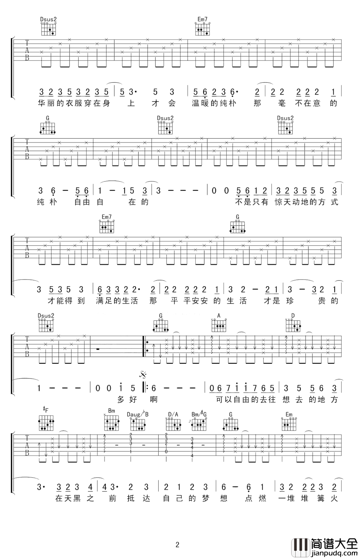 多好啊吉他谱_谭维维/羽·泉__好想去一个风景秀美的地方开个客栈或民谣吧