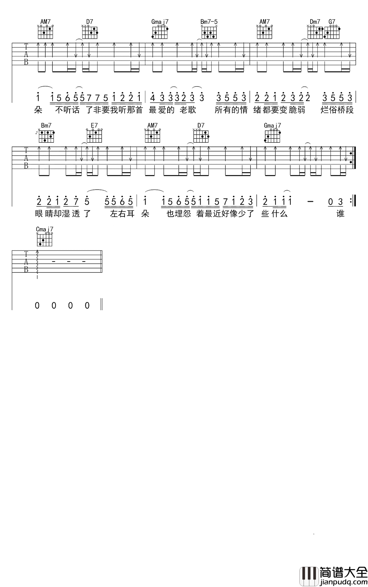 耳朵吉他谱_李荣浩_你的那个重要的人，现在也一定过的很好吧