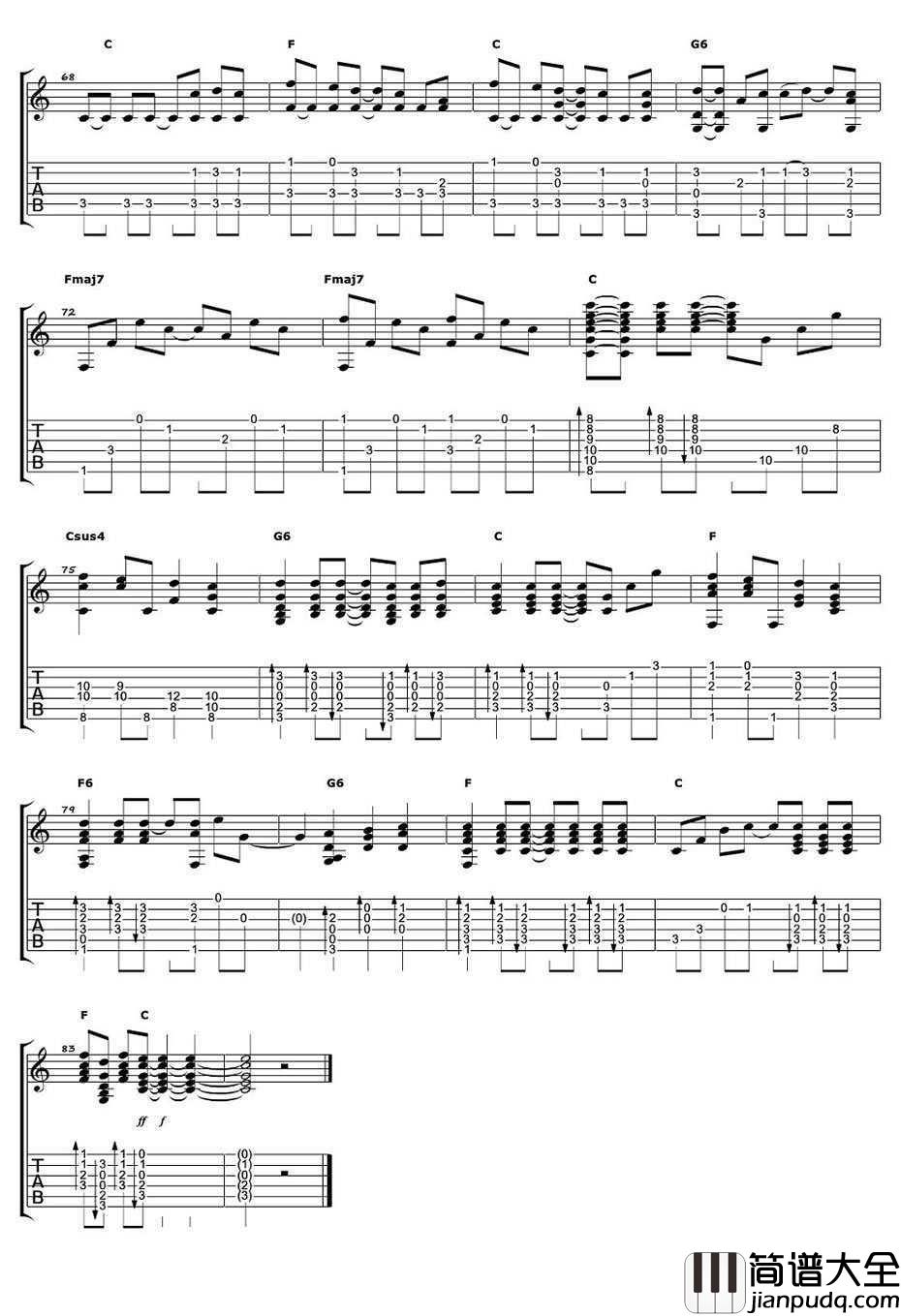 小手拉大手指弹谱_宫崎骏_幻化成风吉他独奏谱