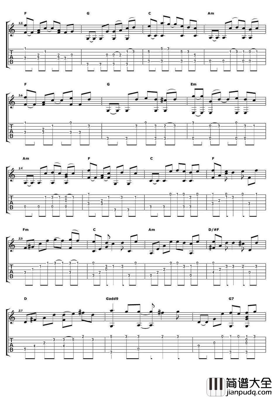 小手拉大手指弹谱_宫崎骏_幻化成风吉他独奏谱