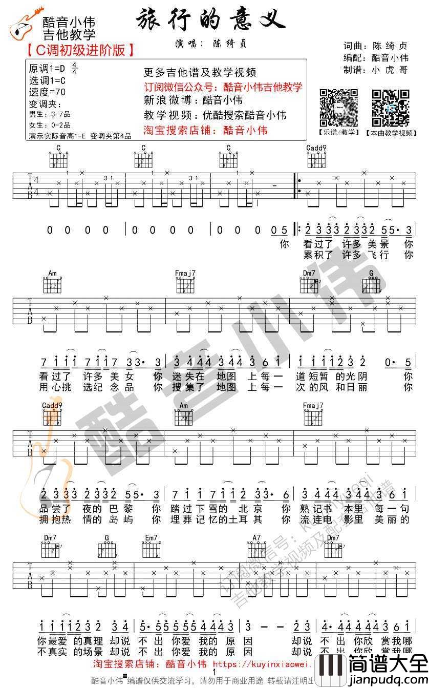 旅行的意义吉他谱_C调初学进阶版_吉他弹唱教学视频