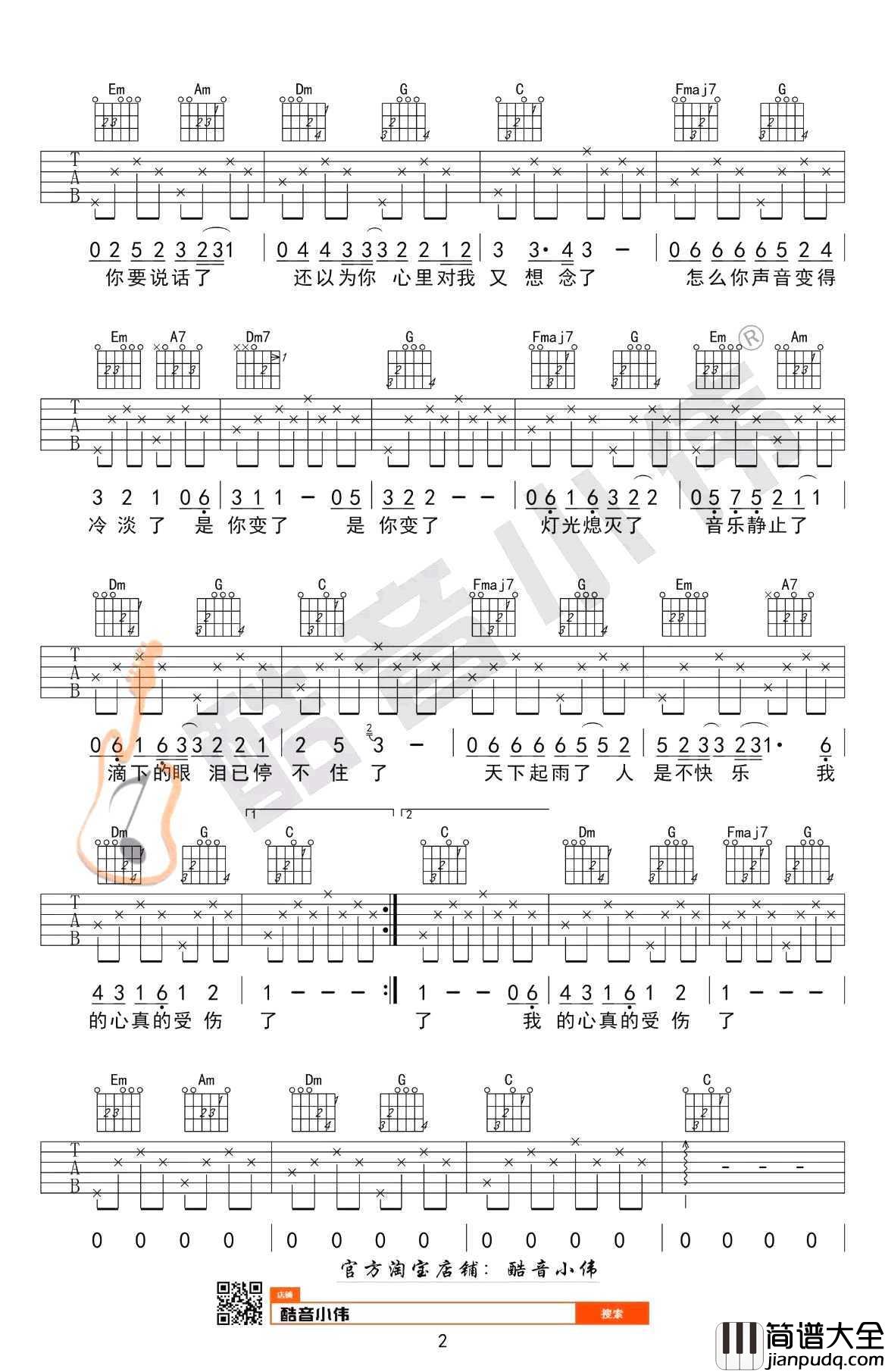 我真的受伤了吉他谱_C调简单版_张学友/田馥甄