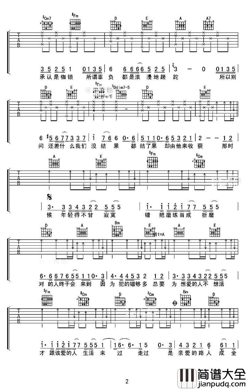 亲爱的路人吉他谱_刘若英_亲爱的路人_六线谱