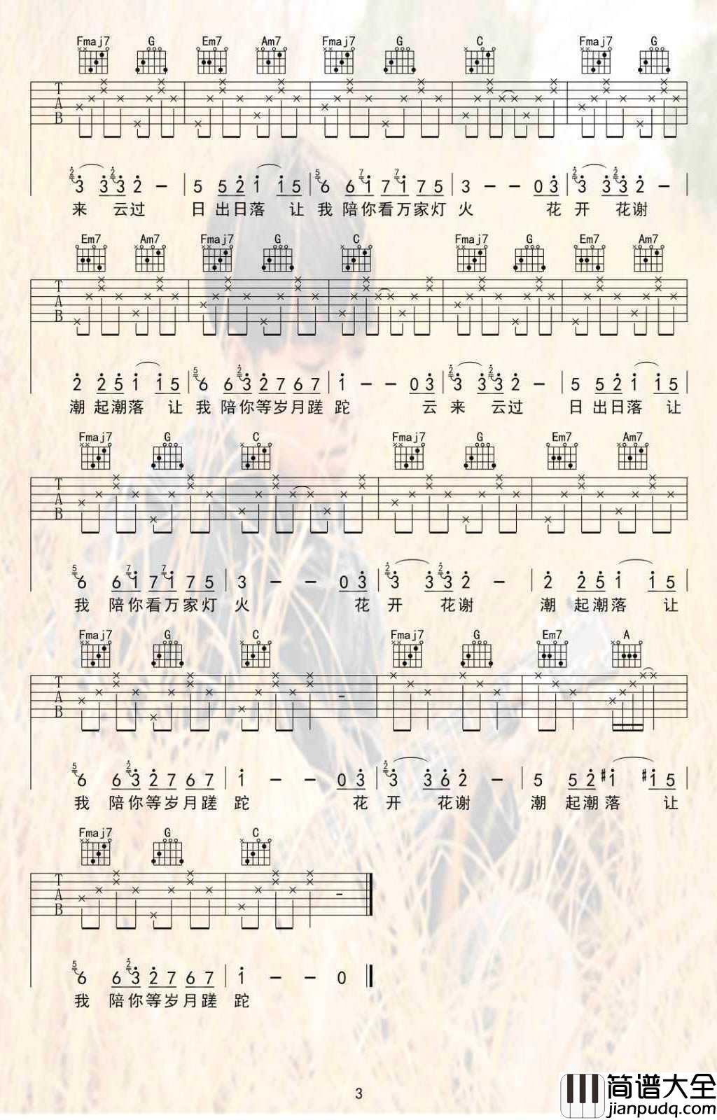 陪你看万家灯火吉他谱_C调原版六线谱_夏沙_高清弹唱谱