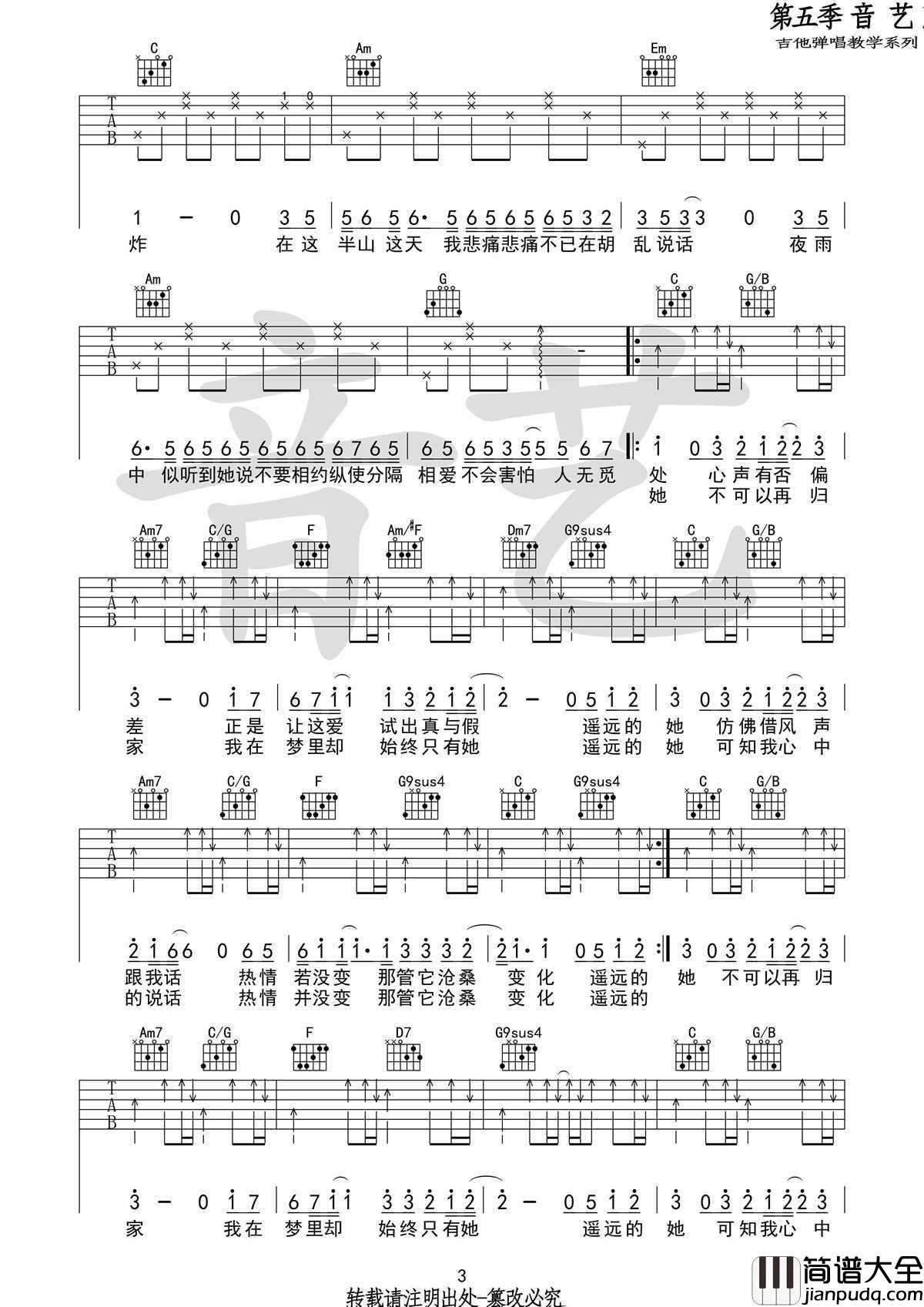 _遥远的她_吉他谱_C调指法编配_张学友六线谱高清版