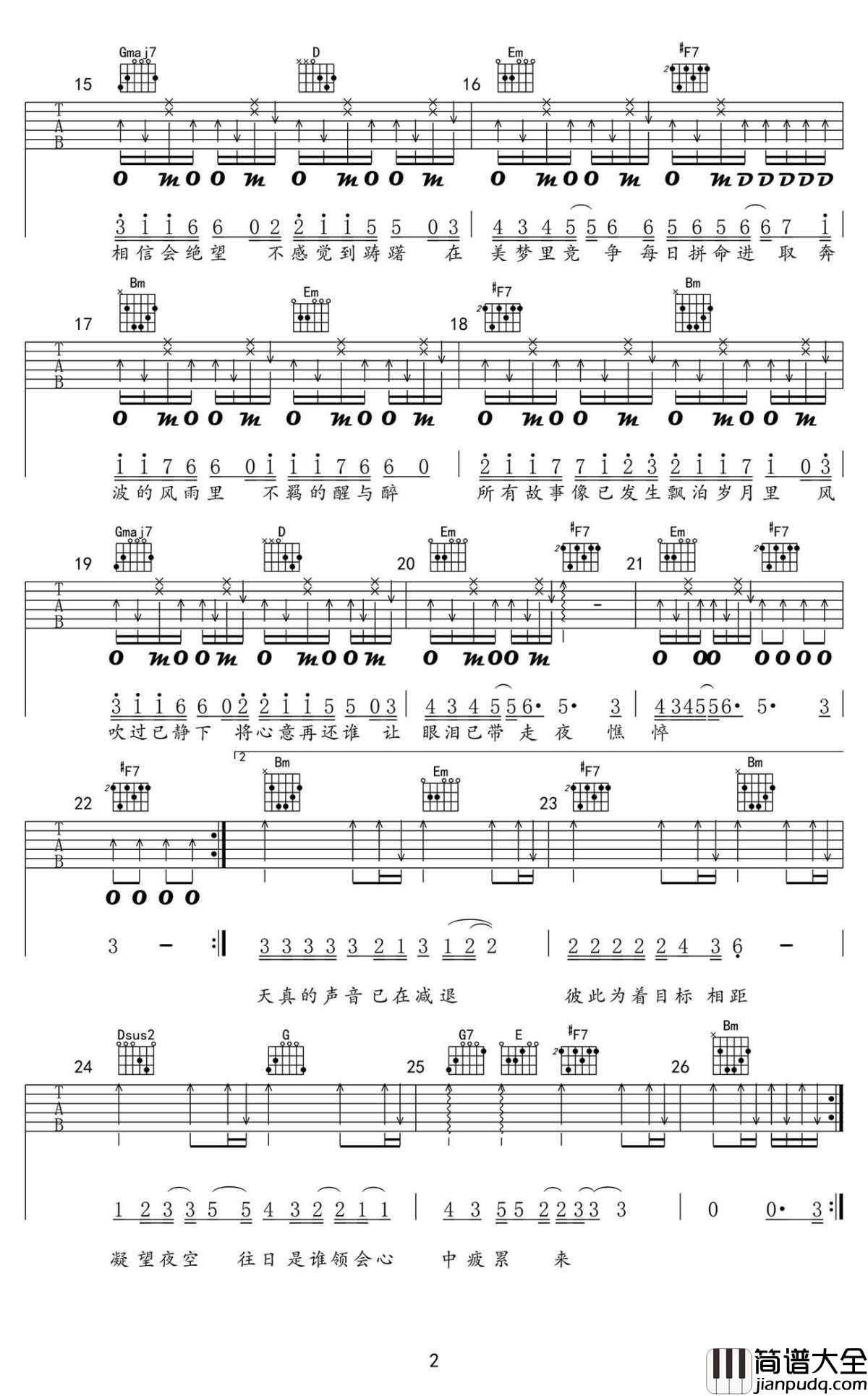 友情岁月吉他谱_D调高清版_郑伊健