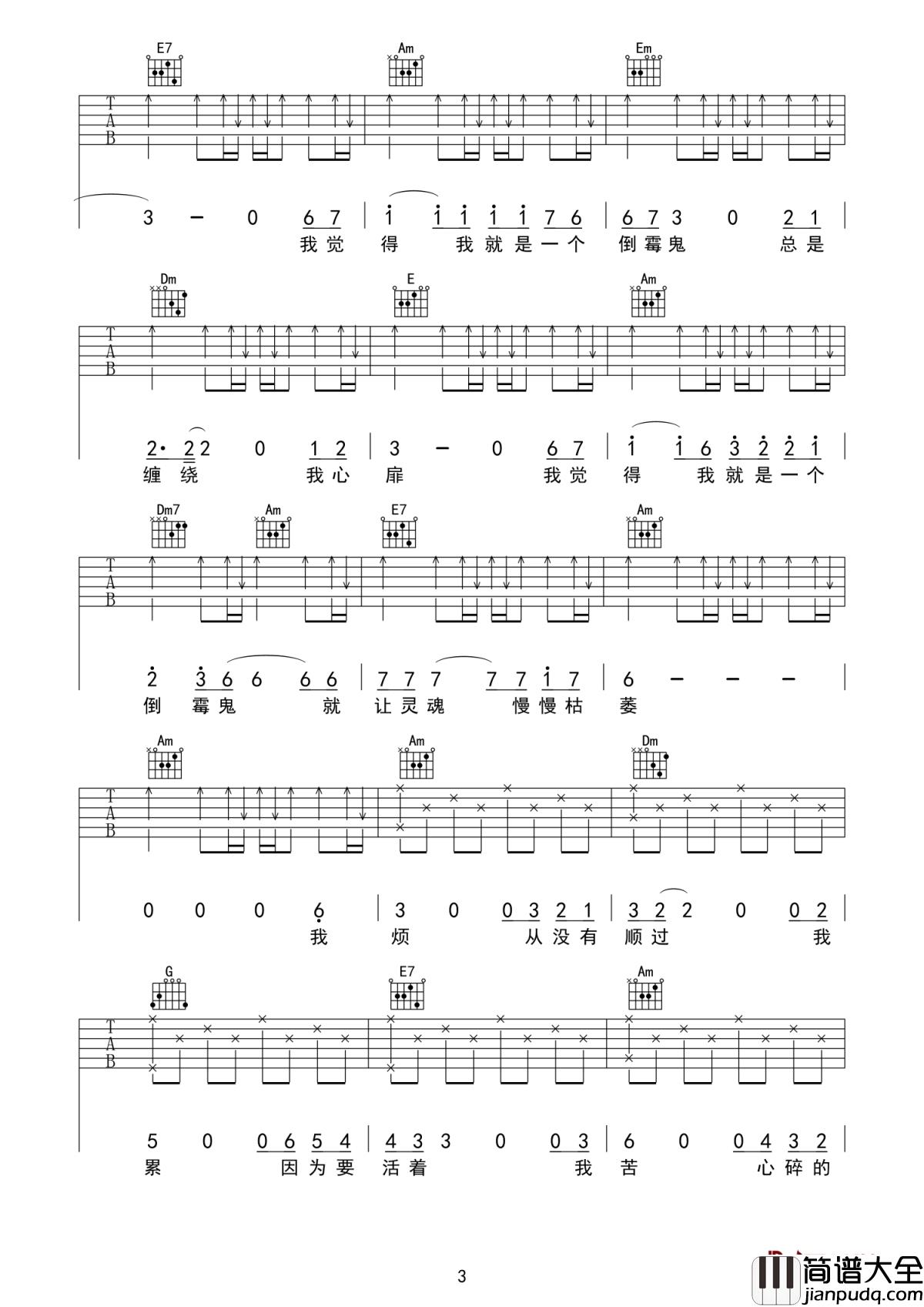 倒霉鬼吉他谱_刘明军_其实我不是一个倒霉鬼