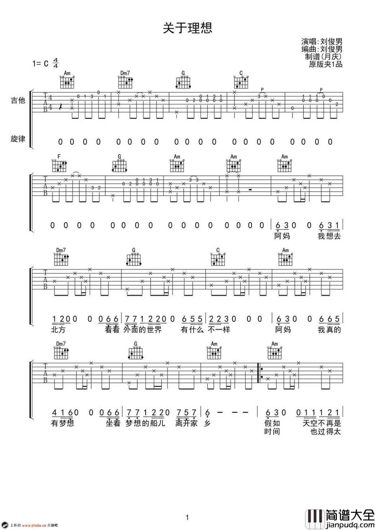 关于理想吉他谱_刘俊男_关于理想六线谱