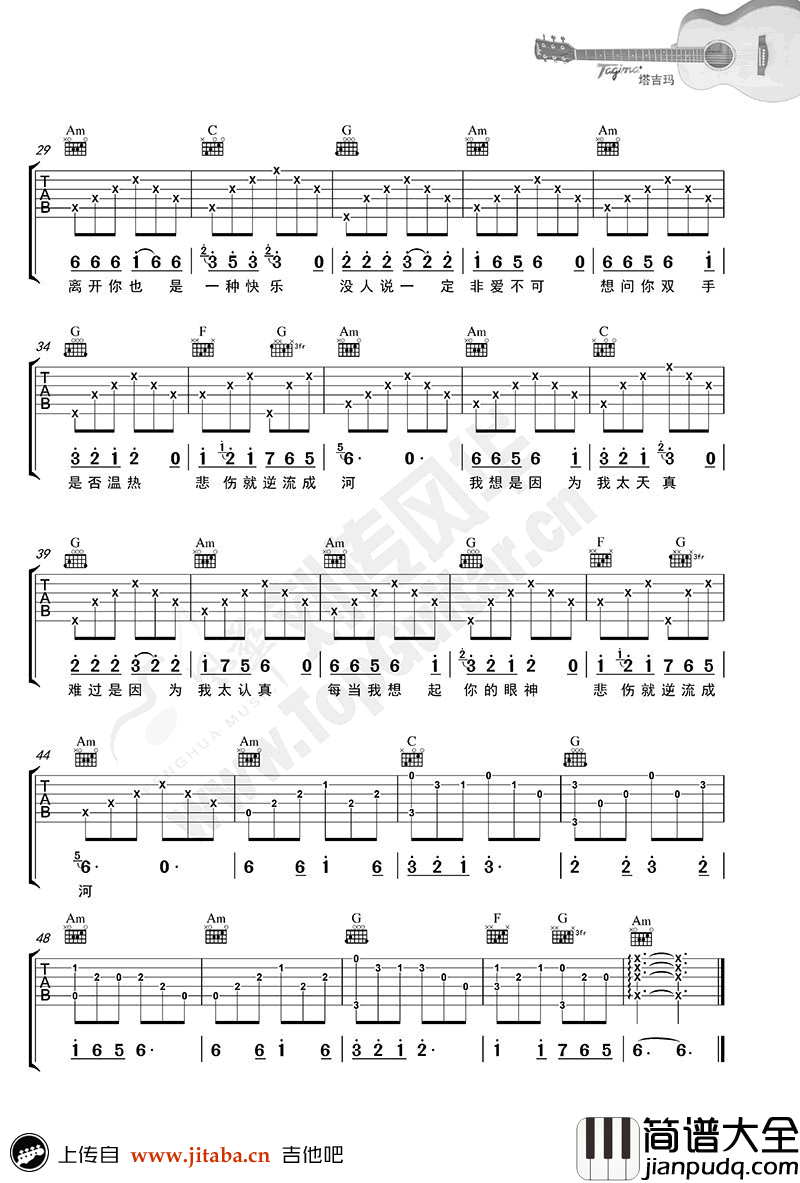 逆流成河吉他谱_C调弹唱谱_金南玲_逆流成河_六线谱