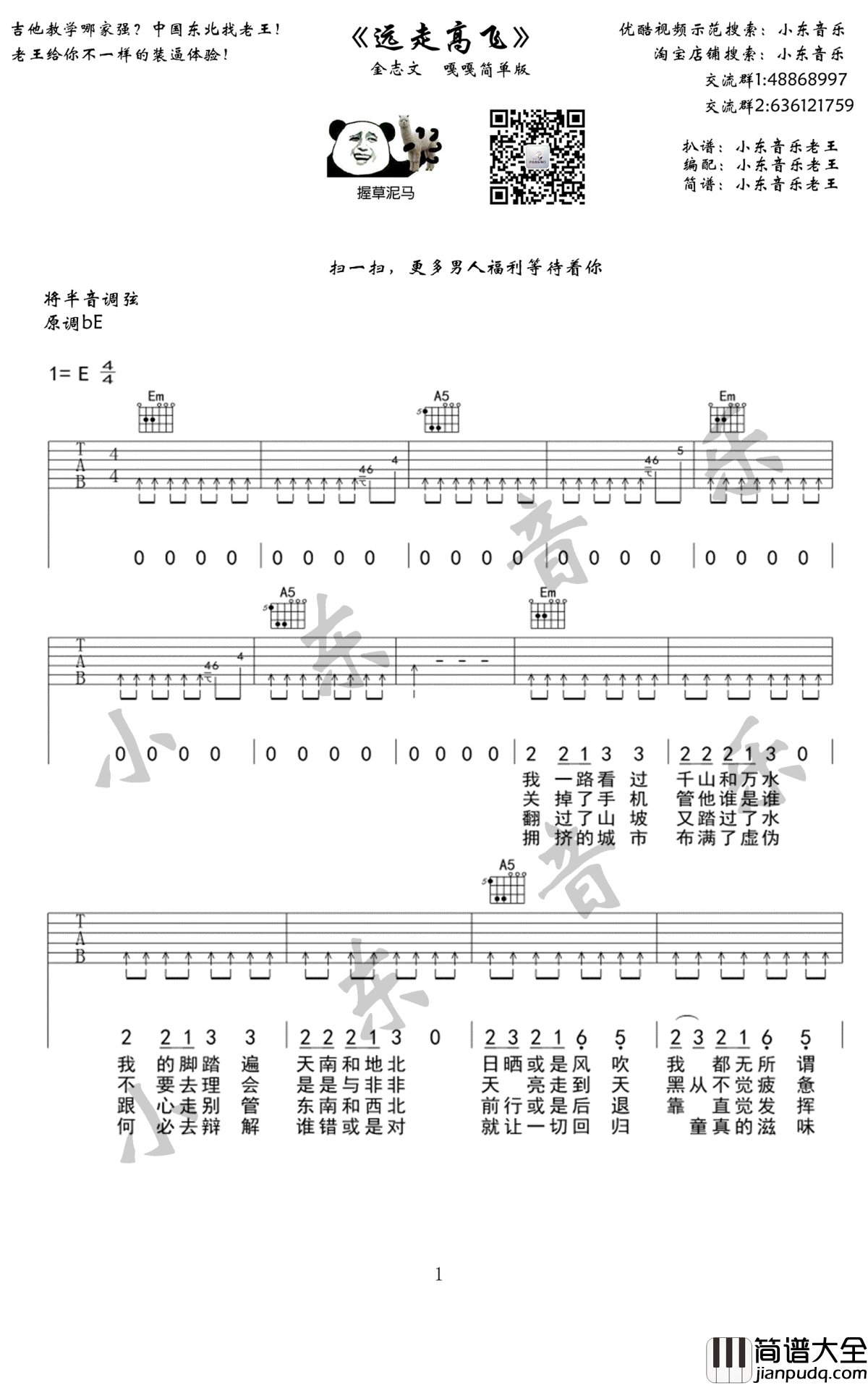 远走高飞吉他谱_金志文_简单版弹唱谱_远走高飞六线谱