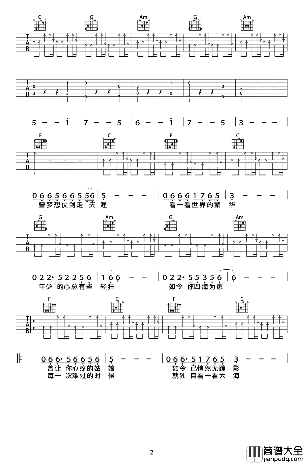 曾经的你吉他谱_许巍_LIVE版本_高清弹唱图片谱