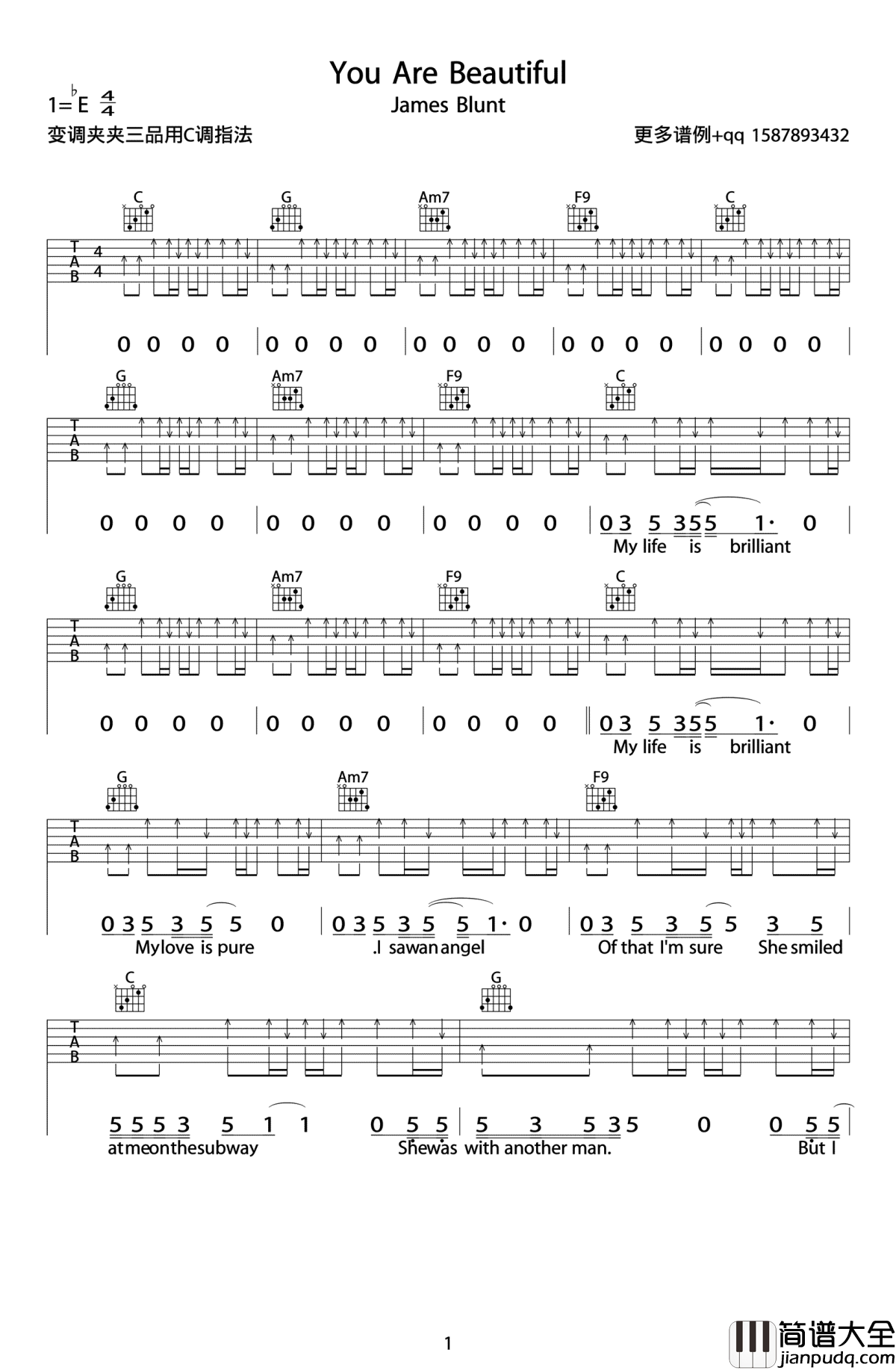 You_Are_Beautiful吉他谱_C调弹唱六线谱_James_Blunt