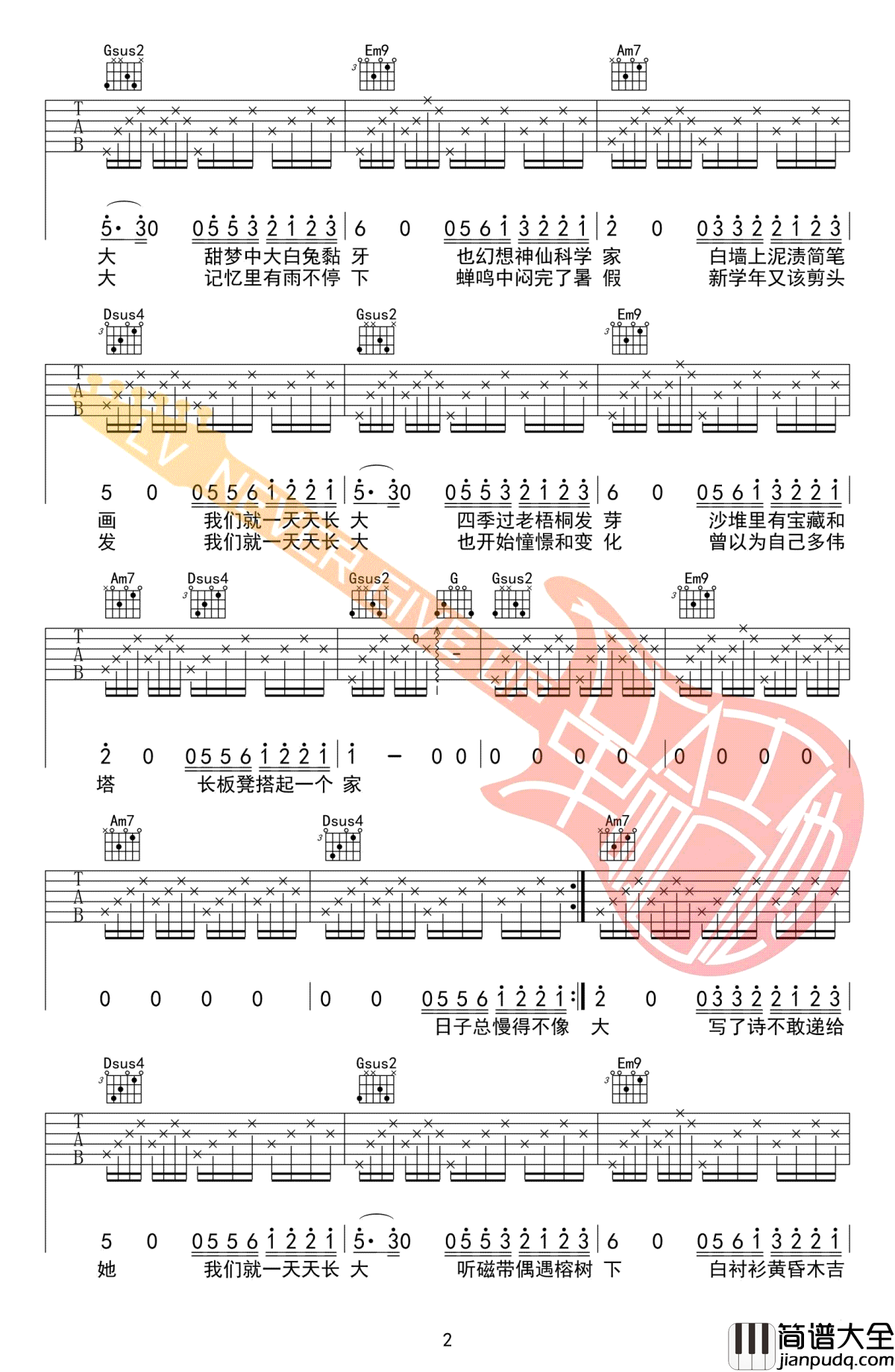 儿时吉他谱_刘昊霖_儿时_吉他教学视频_G调弹唱谱