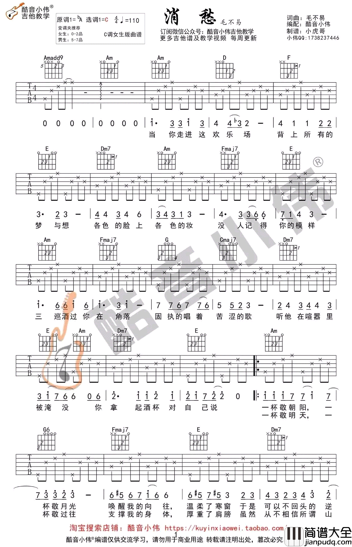 消愁吉他谱女生版_毛不易_C调弹唱谱_高清图片谱