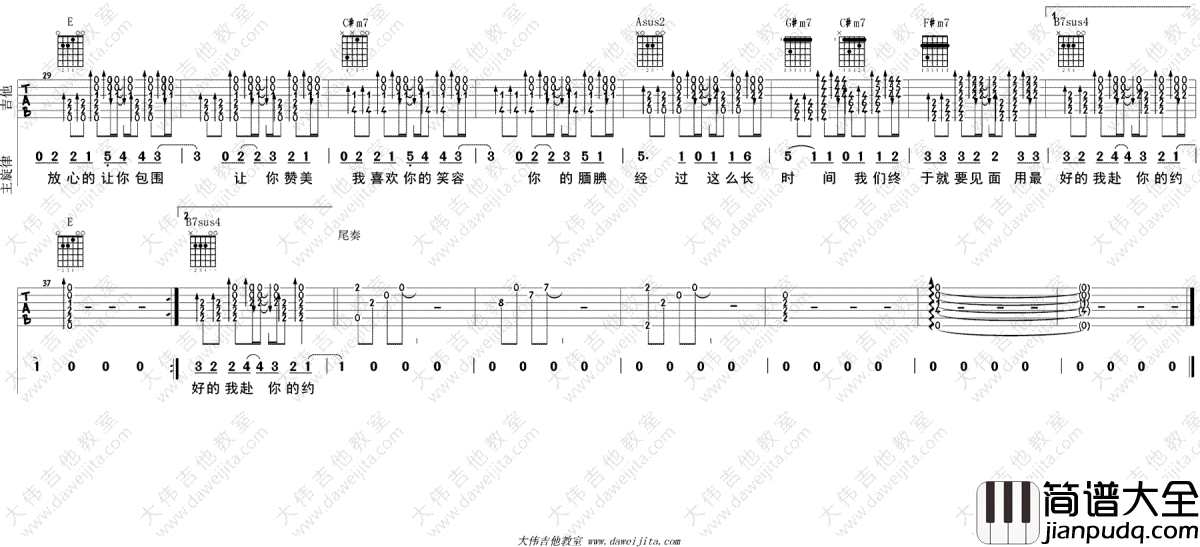 放心吉他谱_周二珂_E调版本_六线谱弹唱谱