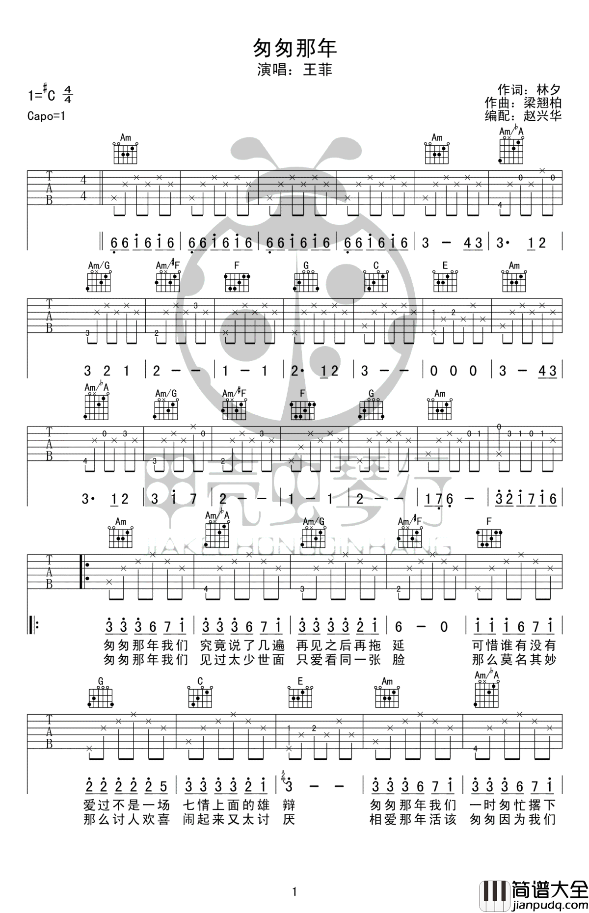 匆匆那年吉他谱C调_王菲_原版弹唱谱_高清图片谱
