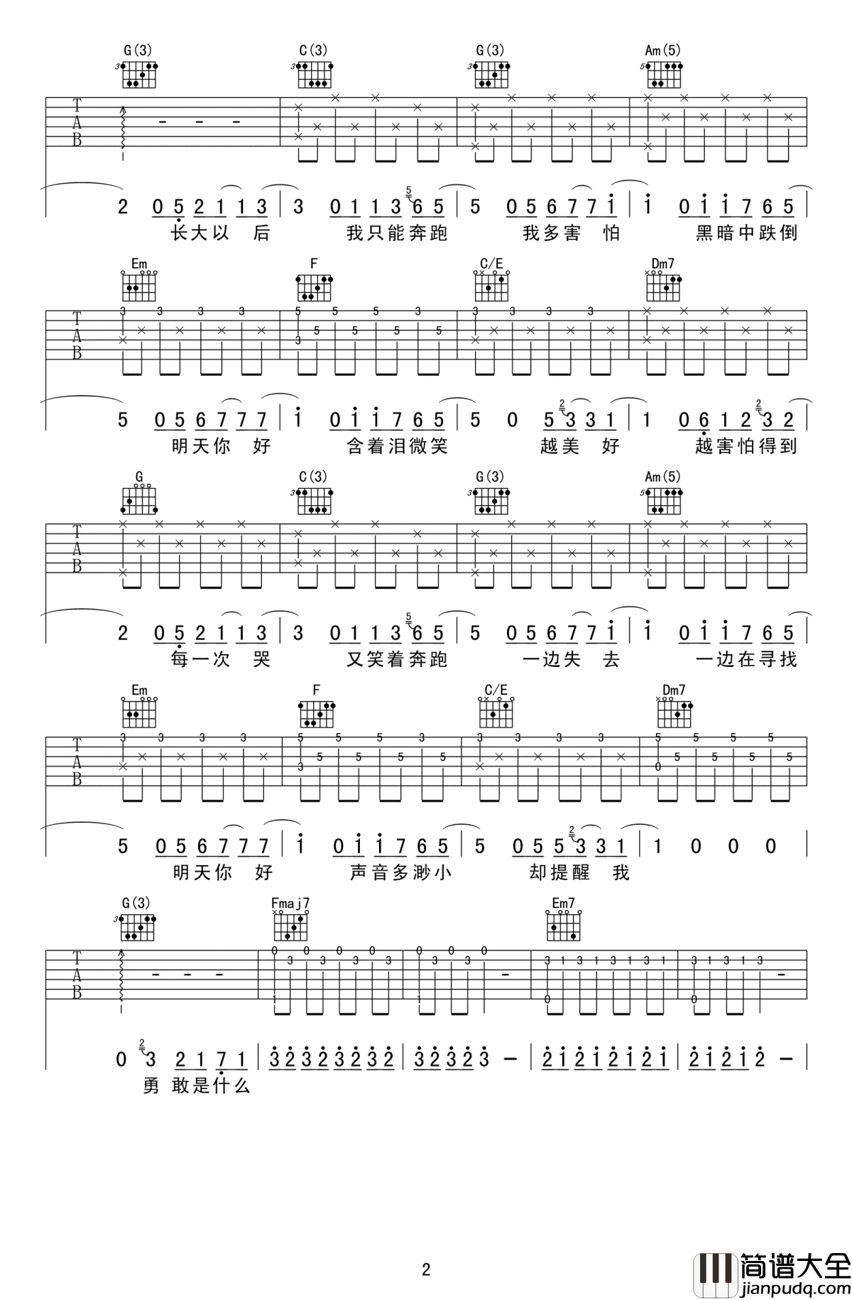 明天你好吉他谱_牛奶咖啡_高清弹唱谱_图片谱