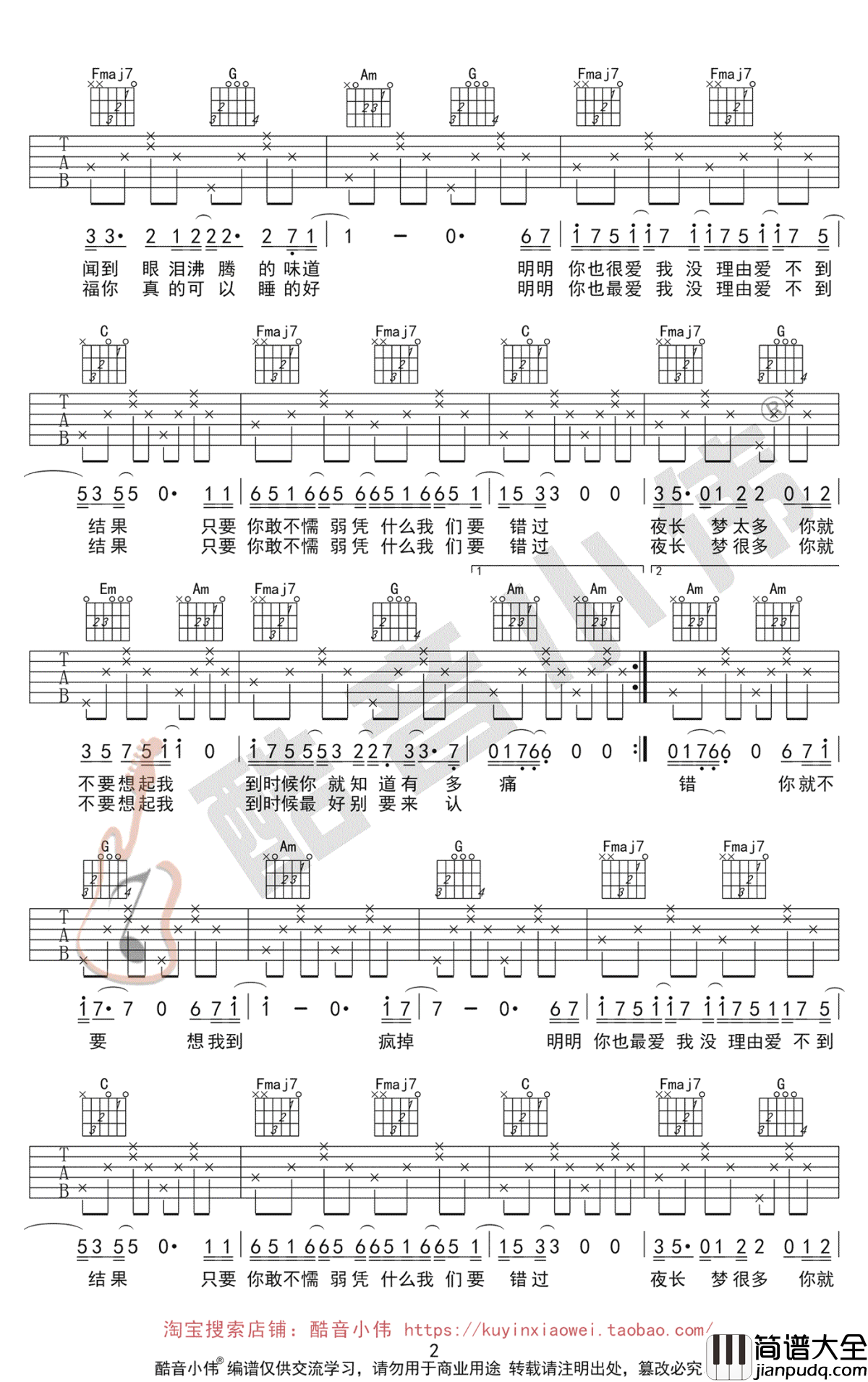 你就不要想起我吉他谱_田馥甄_C调简单版_图片谱