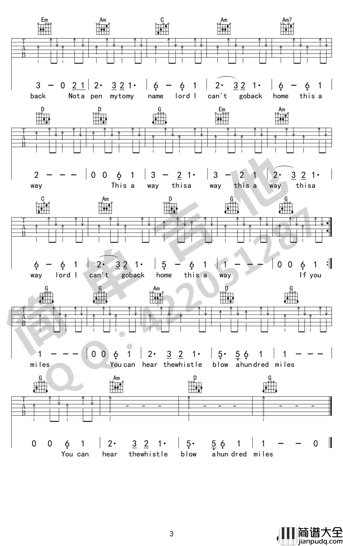 500_miles吉他谱_醉乡民谣_离家五百里_六线谱_G调原版
