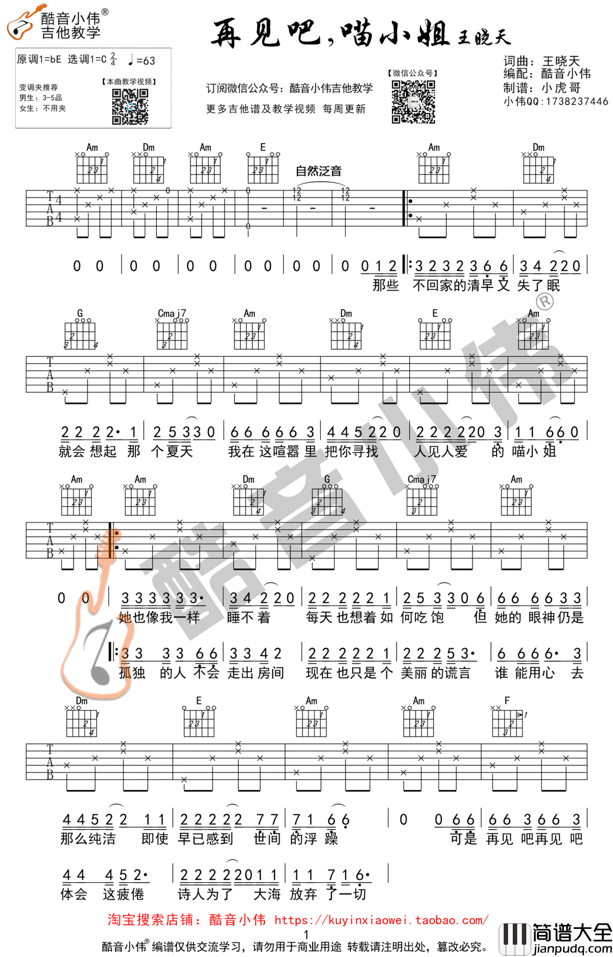 再见吧喵小姐吉他谱_王晓天_C调六线谱_吉他教学视频