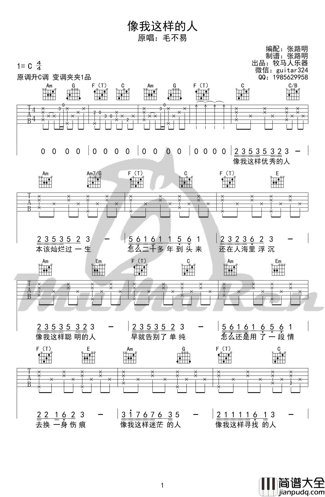 像我这样的人吉他谱_C调弹唱谱_毛不易_高清图片六线谱