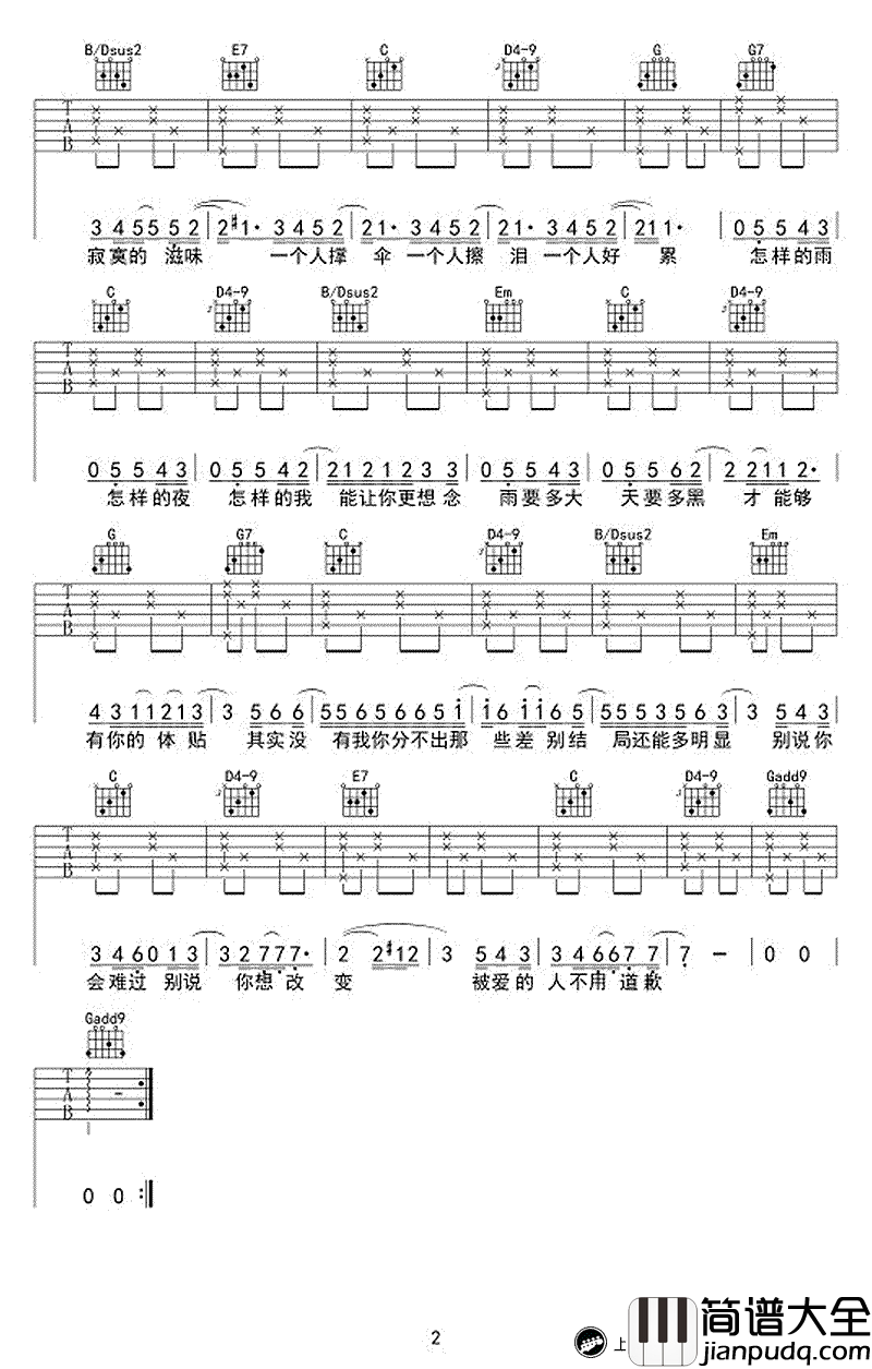 下雨天吉他谱_南拳妈妈_G调六线谱_下雨天吉他弹唱视频