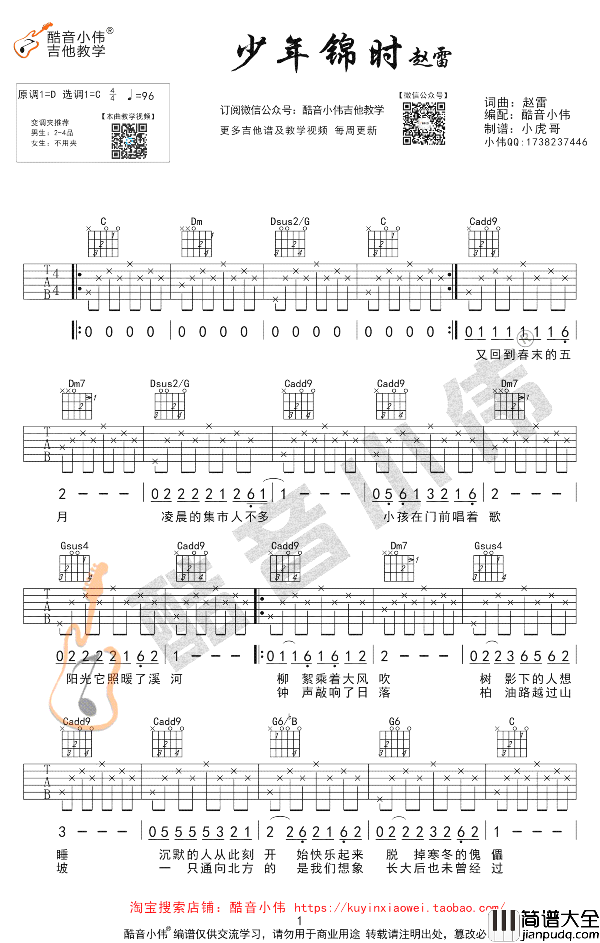 少年锦时吉他谱_C调弹唱谱_赵雷_吉他教学视频