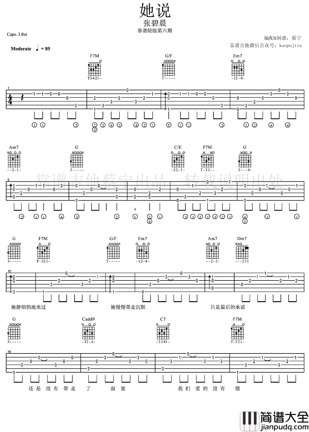 她说吉他谱_C调弹唱谱_张碧晨_吉他教学视频