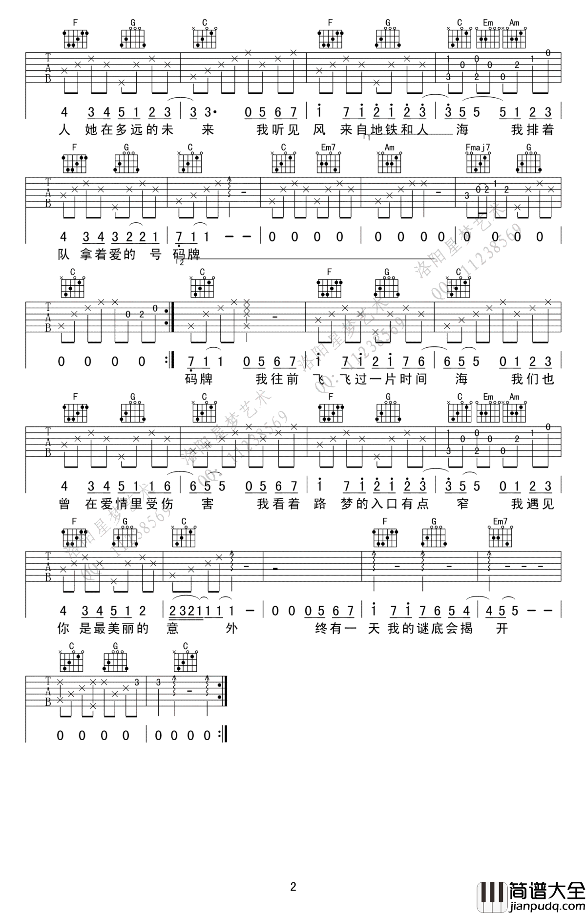 遇见吉他谱_孙燕姿_C调男生版_遇见六线谱